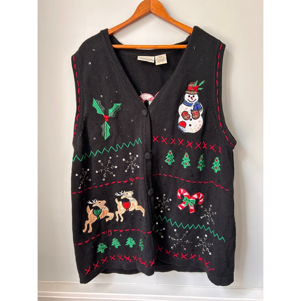Basic Editions Holiday Christmas Sweater Vest Black Snowman Reindeer Plus 1X